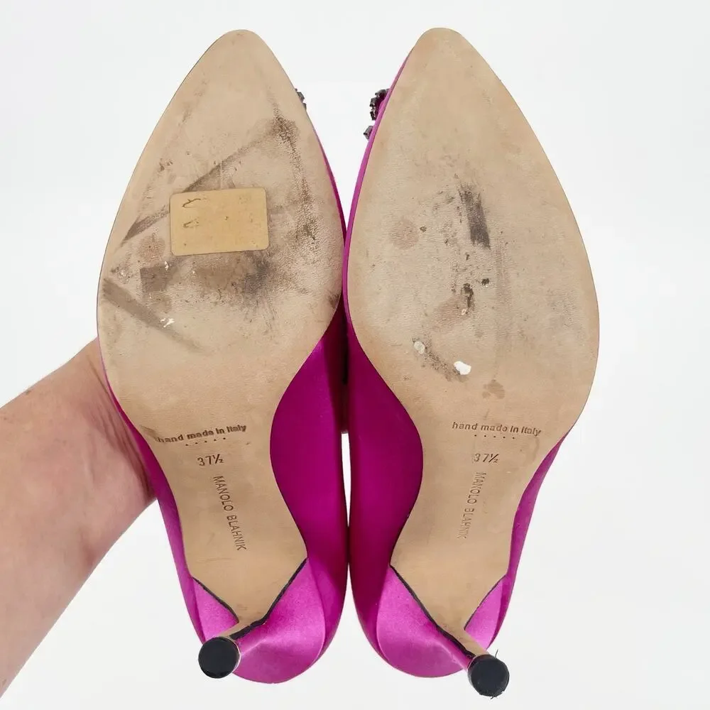 Manolo Blahnik Fuchsia Hangisi Satin Pointed Toe Crystal Detailed Pump IT 37.5 - Picture 11 of 12